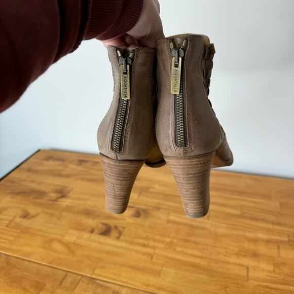Aquatalia Frankie Basket Weave Taupe Brown Leather Heleed Ankle Boots Size 7 - Picture 5 of 7